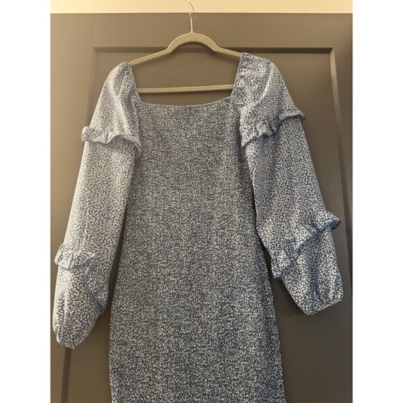 Blue & White Floral Print Long Sleeve Smocked Midi Dress By Prettygarden S - Picture 3 of 7